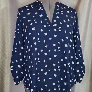 Lush, Navy, White, Patterned, V-Neck, Long Sleeve, Top, Size: L